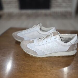 Tory Burch Ivory Tan Sneakers Tennis Shoe Suede Nylon Sz 10